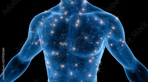 Glowing points show chronic pain symptoms in fibromyalgia affecting the human body