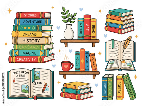 Colorful stack of books with reading themes and flying book