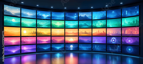 Curved Screen Video Wall Displaying Colorful Digital Landscape Landscapes Concept