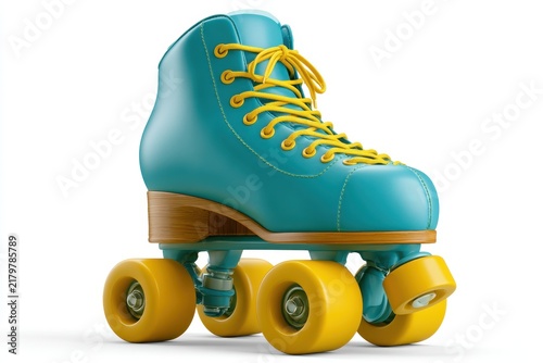 3d render of a vintage teal roller skate with yellow wheels isolated on white background