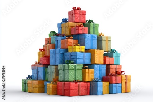 Stack of colorful gift boxes isolated on white background