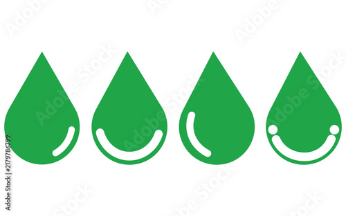 Green water drop icons set on transparent background featuring stylized liquid shapes for graphic design elements weather forecast and plumbing logo.