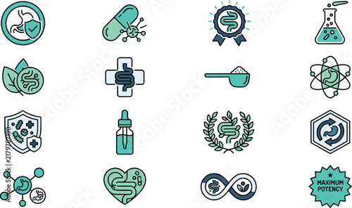 Digestive Health Supplements and Probiotics Icon Set with Gut Protection Lab Tested Formula Enzymes Natural Immunity Maximum Potency and Stomach Care Line Vector Illustrations