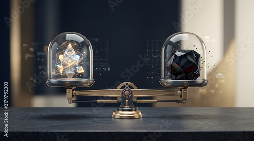 Balance scale weighing abstract light and dark matter in glass domes for business strategy.