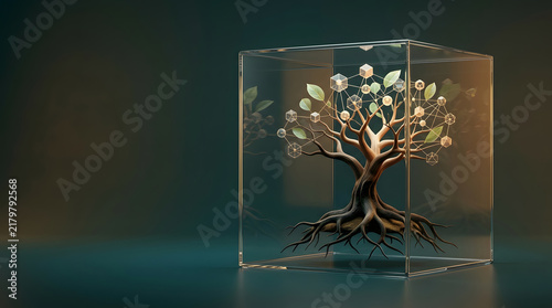 Elegant glass cube with illuminated tree sculpture for modern interior decor