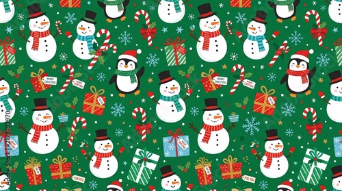 Festive Christmas Snowmen and Penguins Background