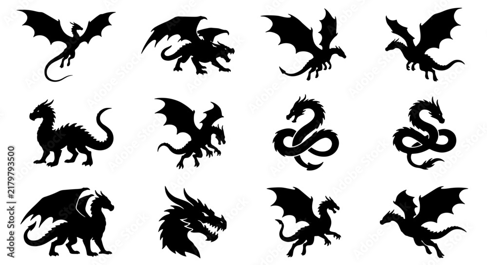 Fototapeta premium Dragon Silhouettes Collection, Mythical Creature Vector Icons, Fantasy Beast Graphics, Dark Fantasy Art
