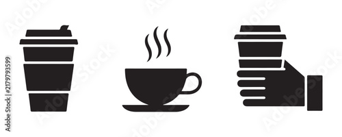 Black coffee cup icons featuring take away container and hot mug with steam on transparent background vector.