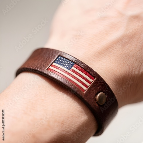 Leather wristband with American flag design on a hand  