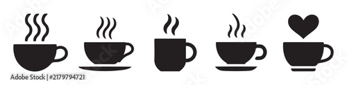 Steaming hot coffee cup and mug silhouettes set including love heart design for cafe menu branding ideas.