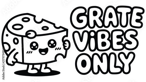 A black and white line of a happy piece of swiss cheese with a smiling face and the text grate vibes only in a bold bubble font