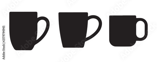 Three black silhouette coffee mug templates of different shapes suitable for ceramic cup mockup design.