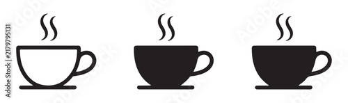 Minimalist coffee cup icons in stroke and solid style with steam on plates for cafe menu layout designs.