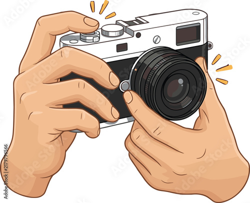 Bild auf Leinwand Hands holding vintage rangefinder camera pressed shutter button taking picture c