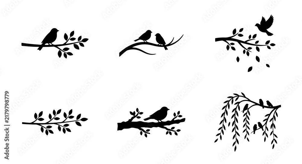 Fototapeta premium Bird Silhouettes on Branches, Nature Vector Elements, Delicate Wildlife Art, Spring Season Collection