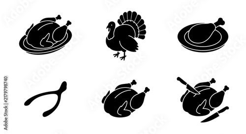 Принти на полотні Thanksgiving Turkey Icons, Roasted Bird Graphics, Wishbone & Carving Set, Festiv