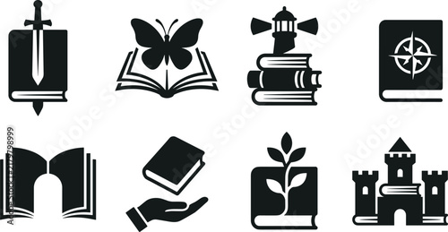 Black silhouette book icon set featuring fantasy, nature, travel, and education symbols isolated on white background.