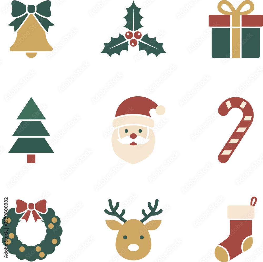 Fototapeta premium Christmas holiday icon collection with festive bell gifts tree and stocking