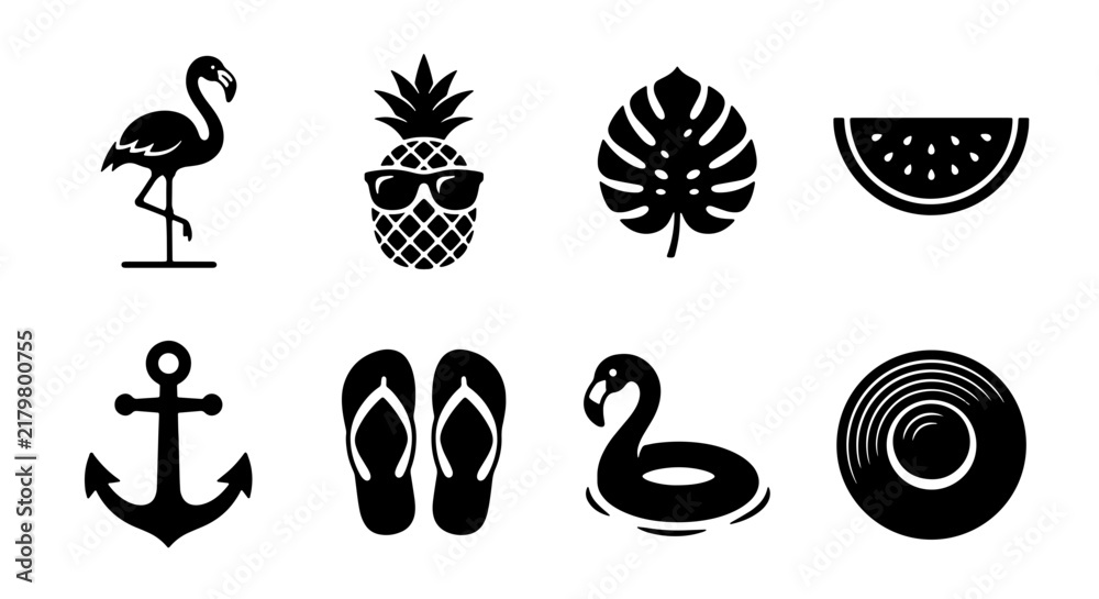 Fototapeta premium Summer Icons Set: Flamingo, Pineapple, Anchor, Flip Flops, Watermelon, Leaf, Beach Ball