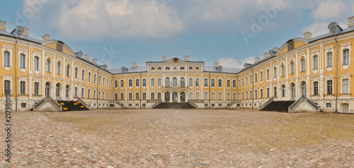 Panoramic wide view of the main inner cobblestone courtyard of Rundāle Palace