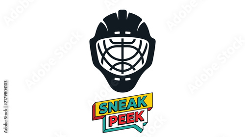 Hockey goalie mask graphic illustration featuring a bold sneak peek text banner in flat vector style