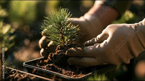 A gardener in a tree nursery carefully plants a young pine sapling into the soil ahead of Christmas. Video about gardening, growing conifer trees and outdoor planting of saplings in rows.