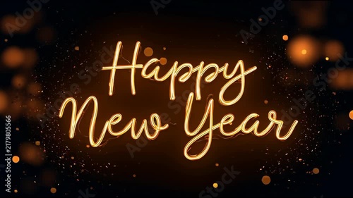 The pulsing text Happy New Year glows in golden neon script against a dark background, surrounded by falling shimmering bokeh lights in this animated New Year celebration video clip.