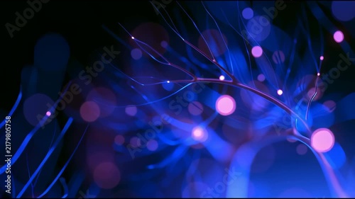 Animated blue neon wavy threads move and pulse against a dark background, resembling neurons for neuroscience, brain research and medical checkup promotional videos.
