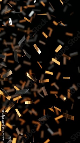 Golden sparks and confetti falling against a black backdrop, an energetic vertical video for New Year and Christmas celebration, mobile stories and social media advertising content
