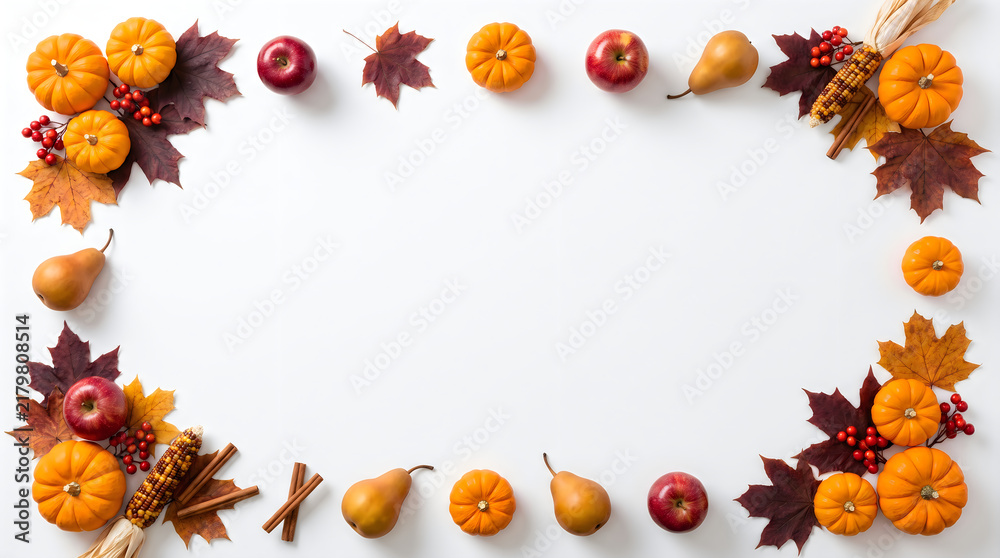 Fototapeta premium Autumn harvest frame border with colorful pumpkins leaves apples and pears on flat surface