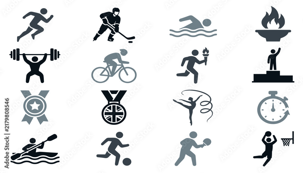 Fototapeta premium Sports and athletic competition glyph icon set featuring summer winter games championship medals running swimming weightlifting torch podium vectors