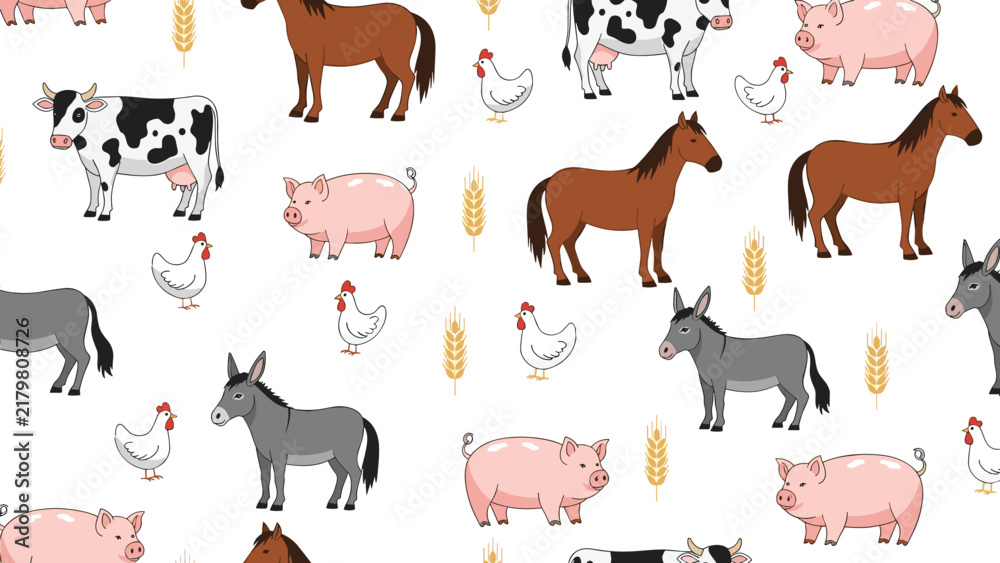 Obraz premium Seamless pattern background featuring various cute farm animals including horses, cows, pigs, donkeys, and chickens with wheat.