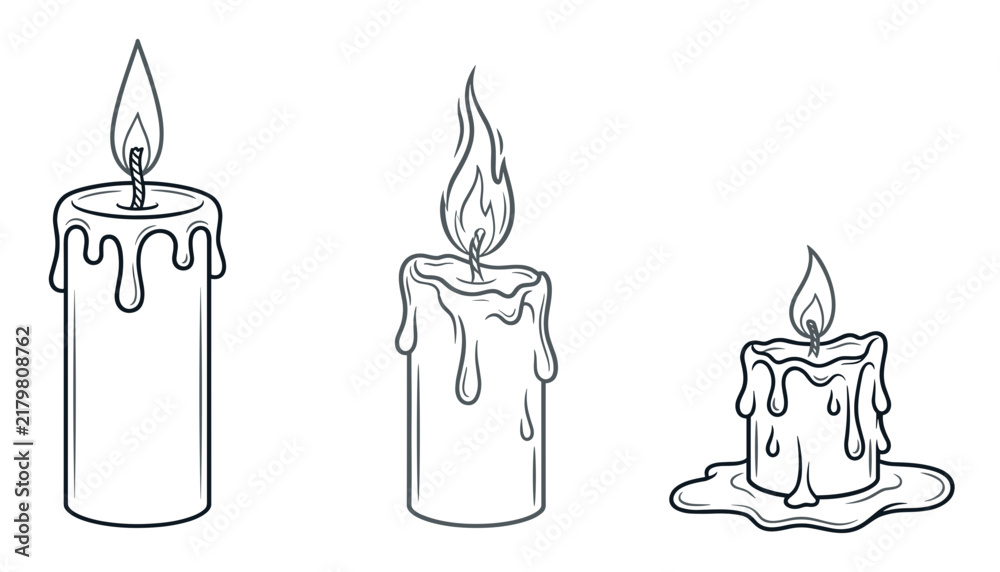 Obraz premium Burning candle line art vector set showing different stages of melting wax and flames isolated on white background