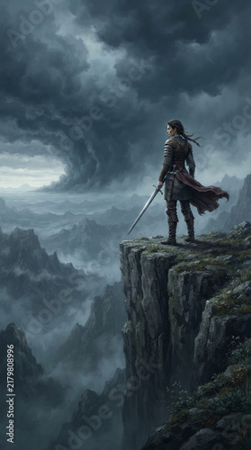 Armored Female Warrior Overlooking Misty Mountain Valley