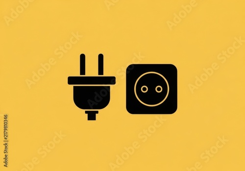 Black electrical plug and socket icon on yellow background