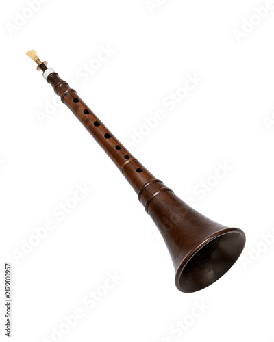 Pichawa Thai wind instrument with elongated wooden body and flared bell on white studio background