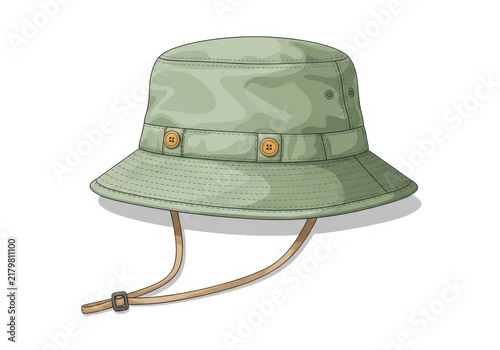Green bucket hat with chin strap and buttons, outdoor headwear illustration
