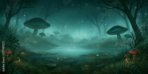 Enchanted woodland with bioluminescent fungi and still water reflecting stars