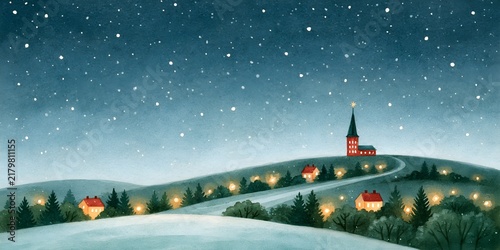 Starry winter night and snow-covered hills