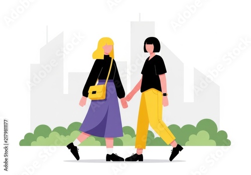 Two young women walking together in the city, flat vector illustration