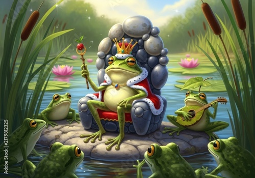 A whimsical illustration of a frog king sitting on a stone throne in a pond surrounded by frogs