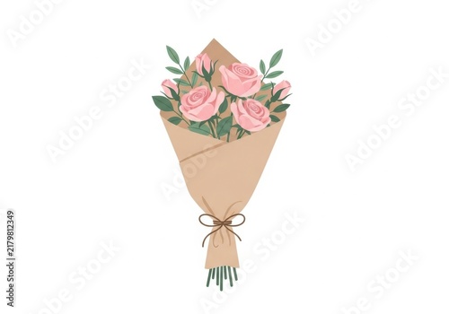 A beautiful bouquet of pink roses wrapped in brown craft paper isolated on white background