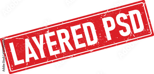 Red rectangular rubber stamp design reading Layered Psd in a grunge style for professional design assets