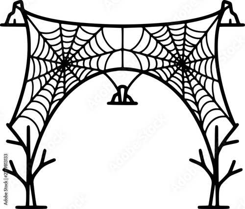 Spooky halloween spider web archway illustration with bare trees for seasonal holiday decoration