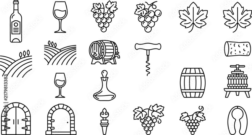Fototapeta premium Wine related elements including bottles glasses vines and barrels in a linear style