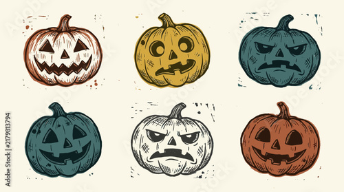Vintage Halloween jack-o-lantern pumpkin faces vector set with hand-drawn grunge textures and various spooky expressions