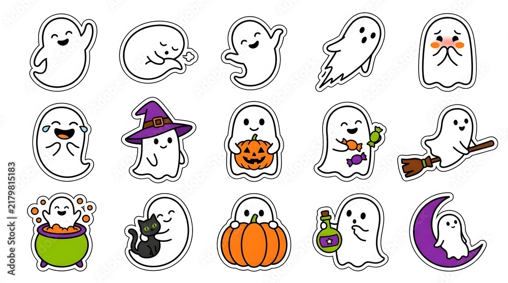 Fototapeta premium A charming collection of cute hand drawn halloween ghosts and pumpkins on a clear transparent background