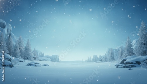 Winter wonderland landscape with falling snow and frozen lake surrounded by snow-covered trees and icy cliffs
