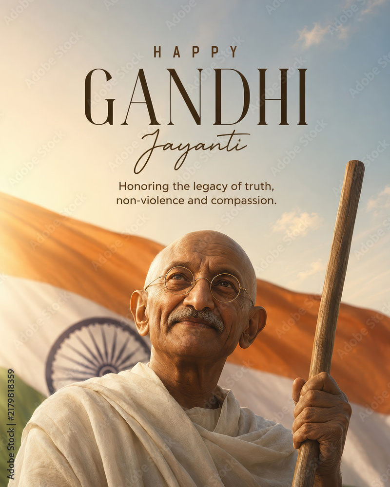 Fototapeta premium Mahatma Gandhi Jayanti social media post creative design with Indian flag background