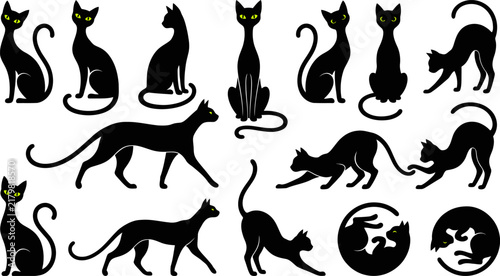 Vintage collection of black cat silhouettes in various poses and styles